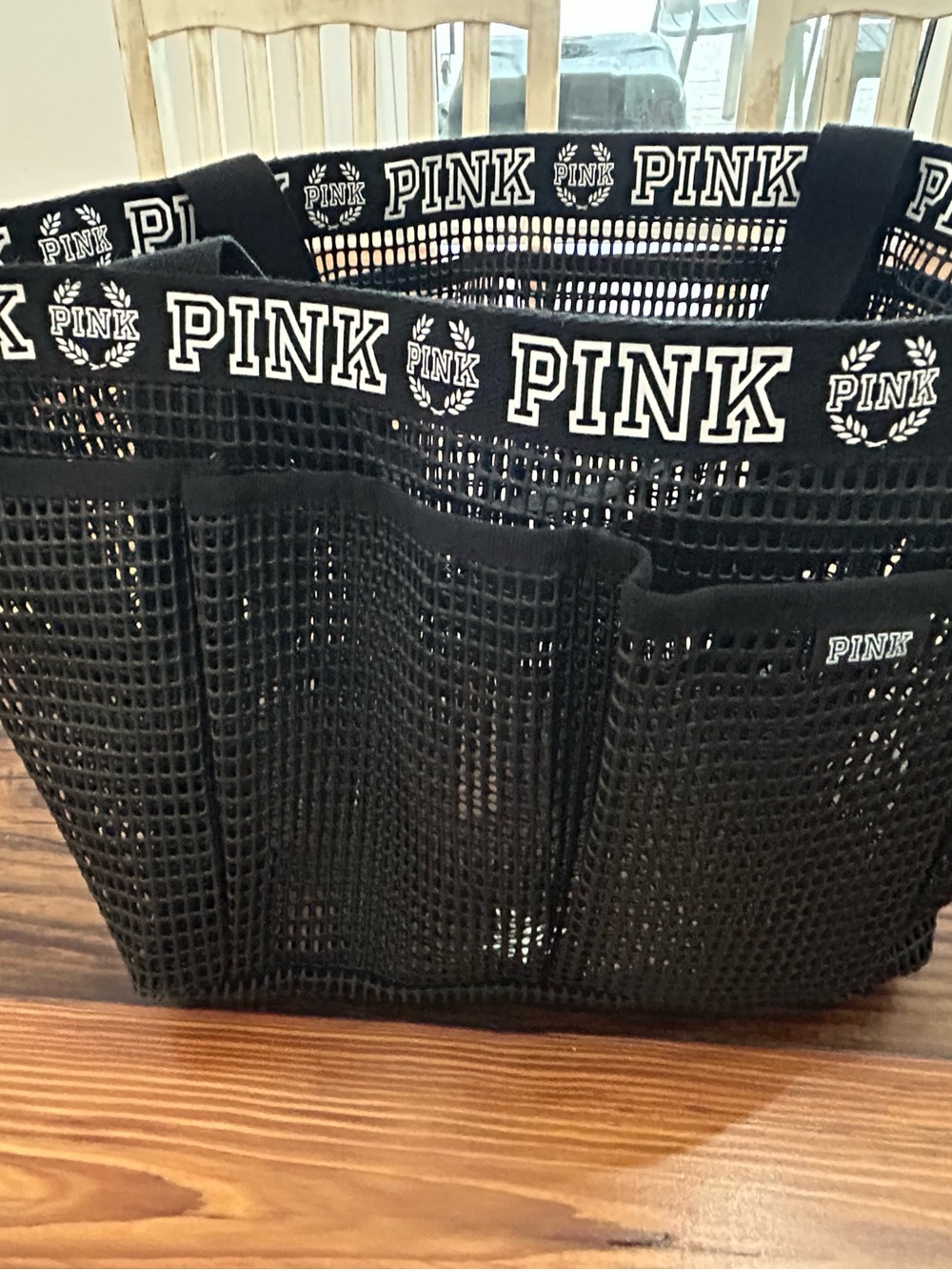 PINK Victoria's Secret Black Mesh Tote with Black & White Heart Dabney Lee pouch - Picture 4 of 6